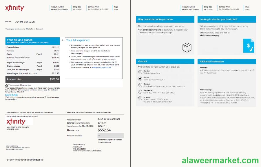 USA Xfinity utility bill template in Word and PDF formats, 4 pages, version 2, 1-2 pages